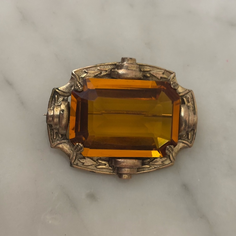 Antique Victorian Era Czech Large Statement Amber Rhinestone Art Deco Brooch